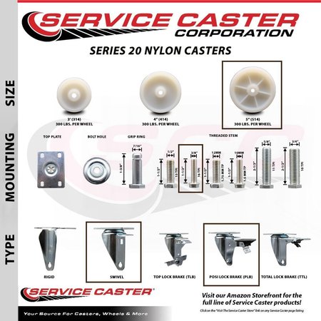 Service Caster 5 Inch Nylon 38 Inch Threaded Stem Caster with Brake SCC-TS20S514-NYS-PLB-381615